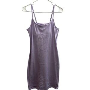 Real Essentials Women Spaghetti Strap Ribbed Tank Mini Dress Built-In Bra Purple